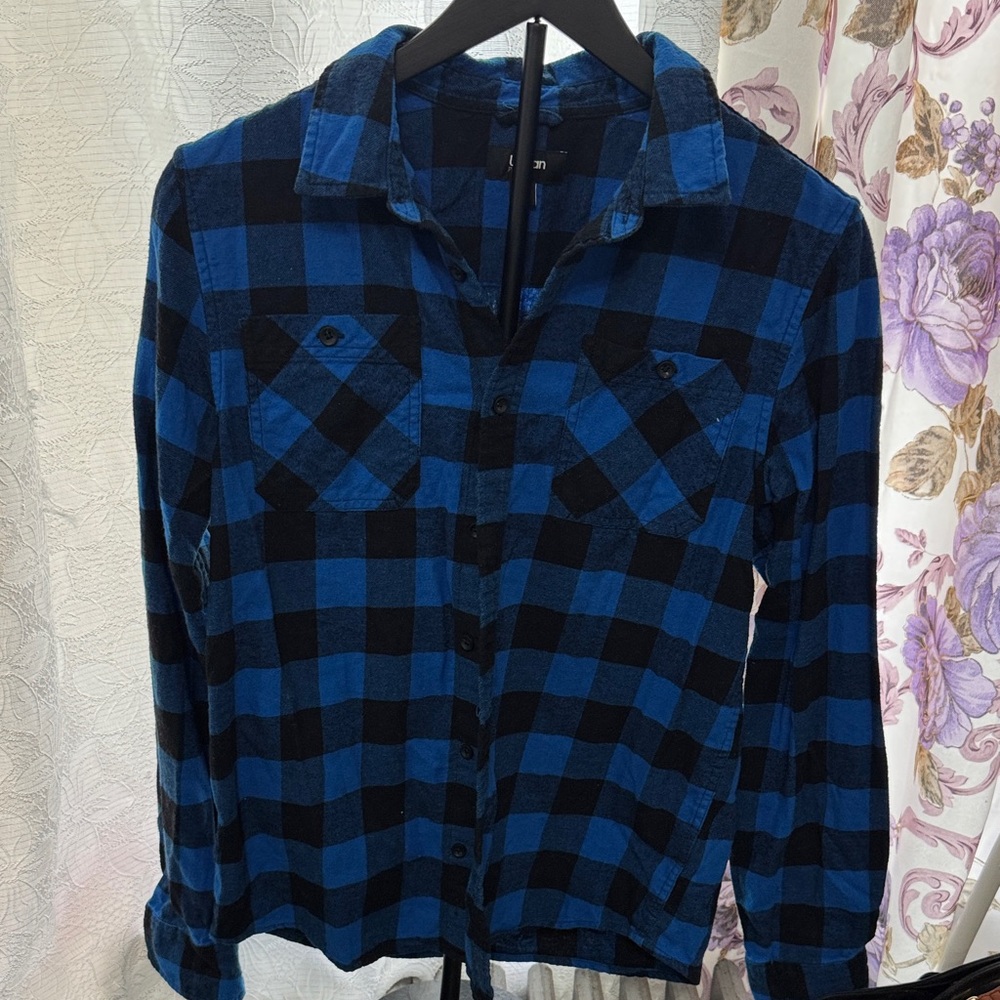 Blue & Black Plaid Button-Up Women's Sweater Shirt
